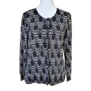 Talbots Button Up Cardigan Sweater Women's Sz LP Black White Print Cotton Blend
